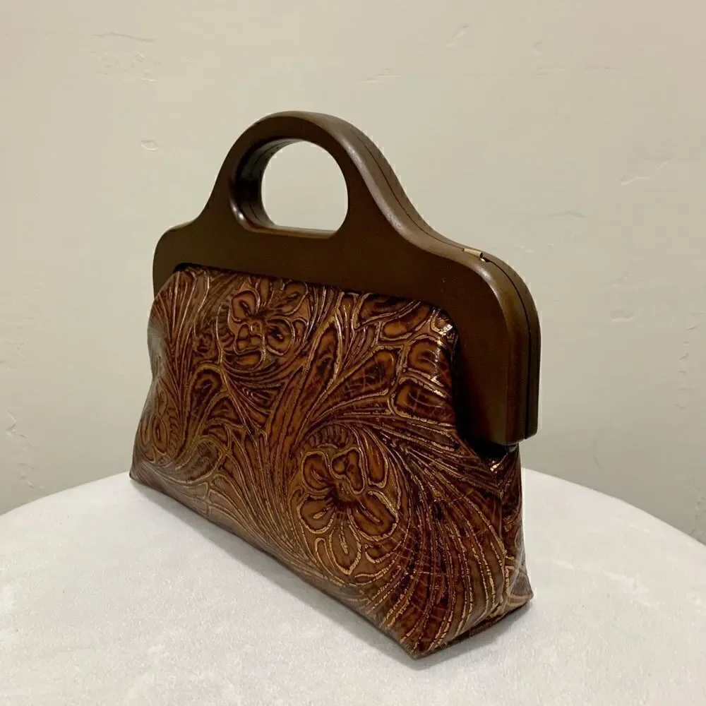 Vintage Style Handmade Genuine Embossed Leather Wooden Frame Bag/Crossbody